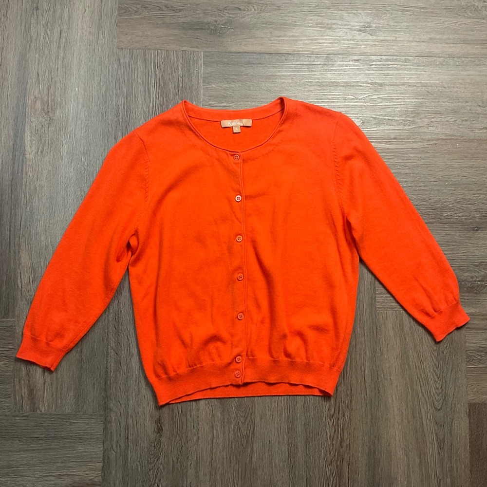Kier + J  Cardigan Sweater Womens Small Orange Cashmere Blend 3/4 Sleeve Classic